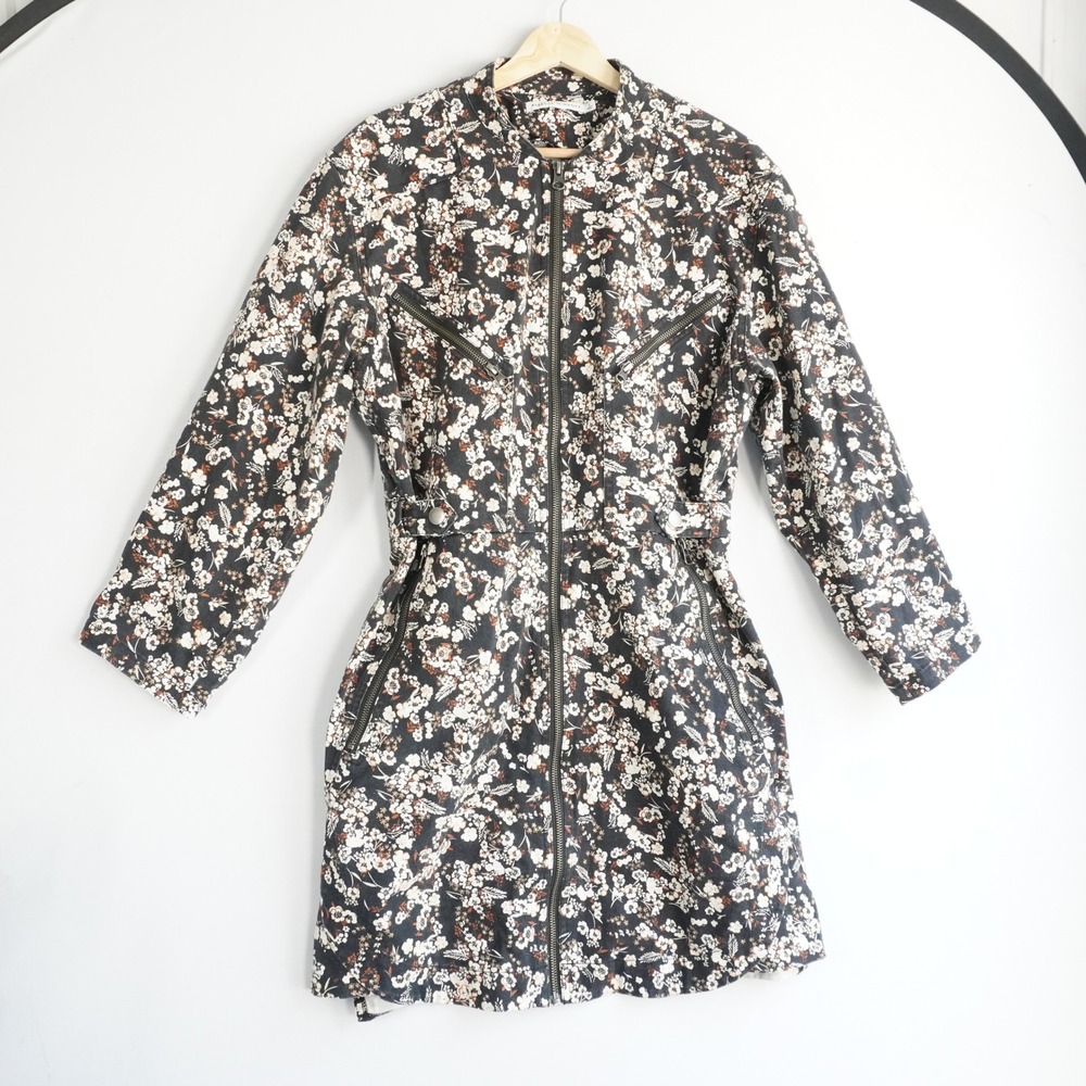 Rebecca‎ Minkoff Floral Denim Utility Zip Mini Dress Black Rust Cotton Small